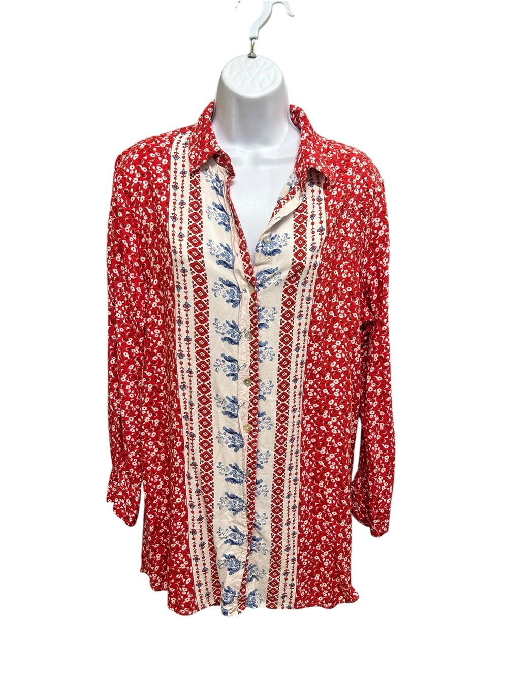 California Moonrise Red White Floral Long Line Tunic Top Size S
